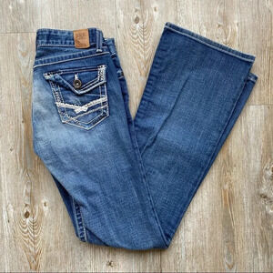 BKE Stella Distressed Flare Low  Rise Denim Button Pocket Jeans